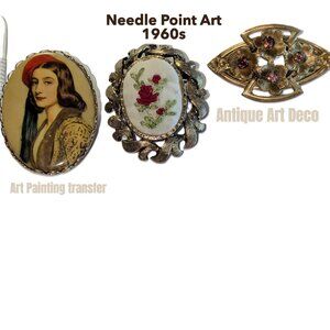 Art Deco and Vintage Brooches lot Cameo Art Needle Point and Art Deco Amethyst